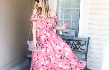 Shein pink floral off the shoulder dress on Livin' Life with Style