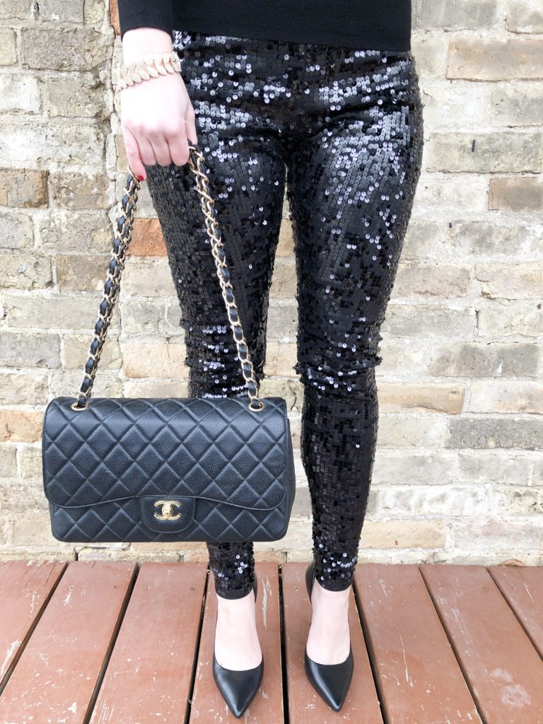 Sequin Pants from Express; New Years Eve Look on Livin Life with Style; Chanel Bag 