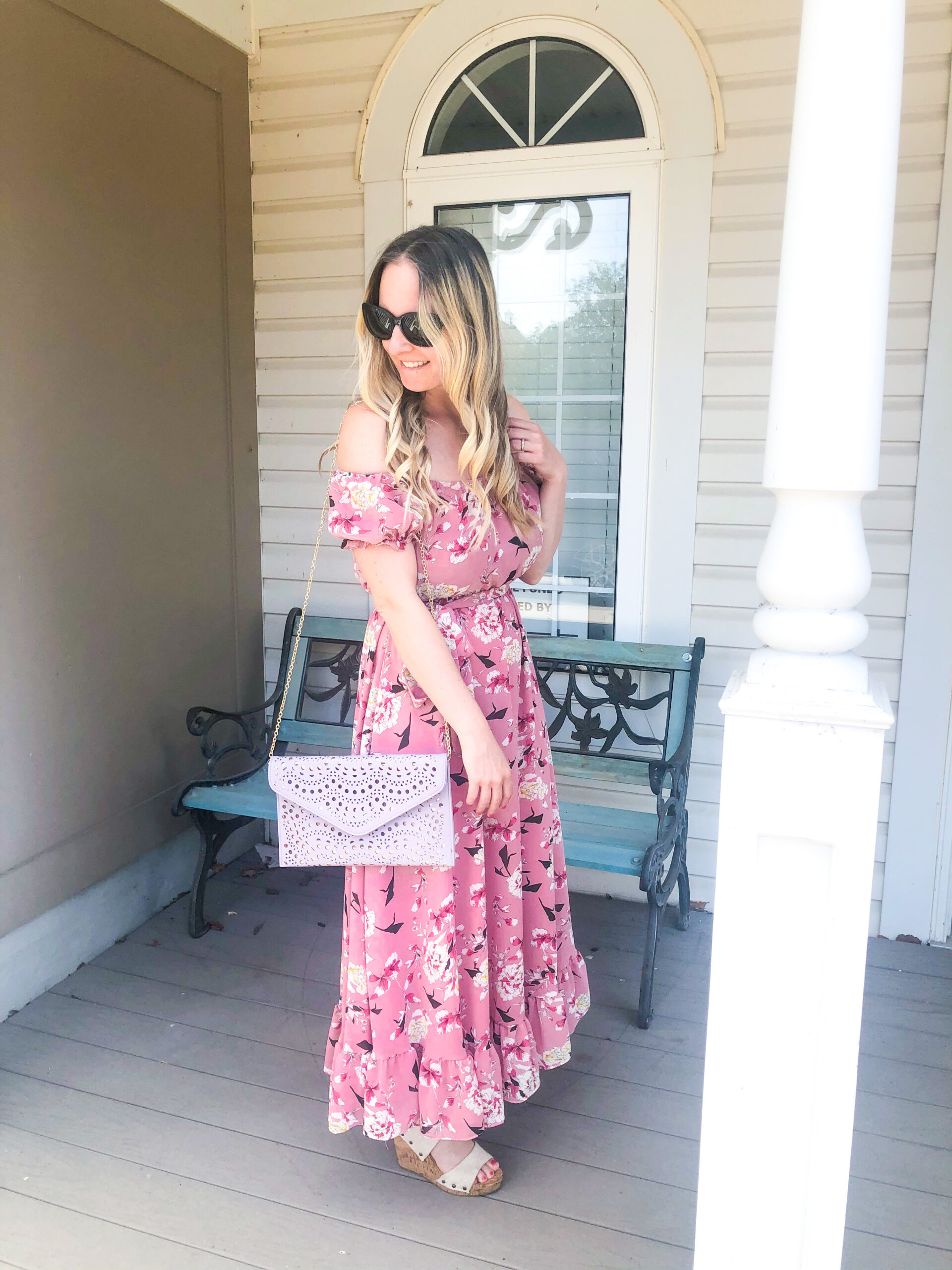 Shein pink floral off the shoulder dress on Livin' Life with Style 