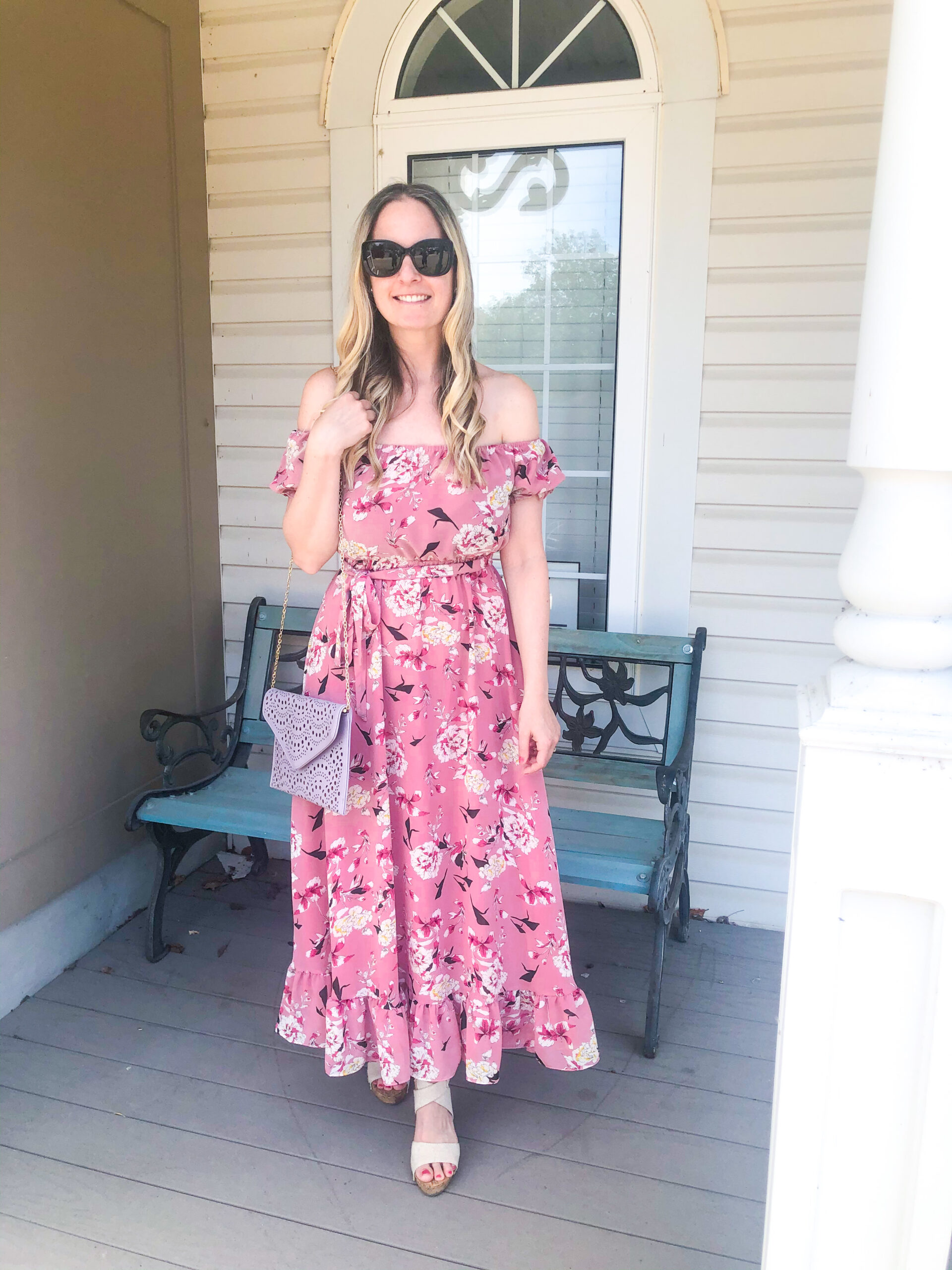 Shein pink floral off the shoulder dress on Livin' Life with Style 